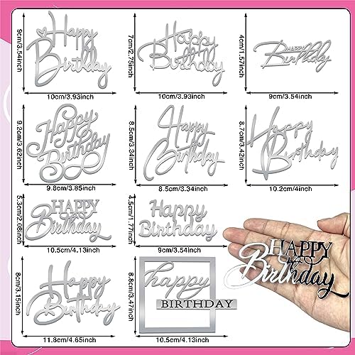 10 PCS Silver Happy Birthday Acrylic Cake Toppers Mirrored Side Cake Decorations Inserts 10 Styles