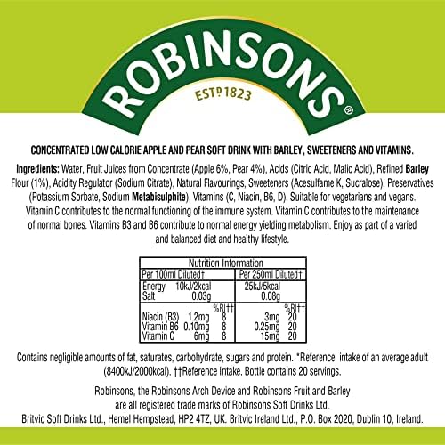 Robinsons Fruit and Barley Real Fruit Squash, Low Calorie. Apple and Pear, 1 Litre, 20 Servings
