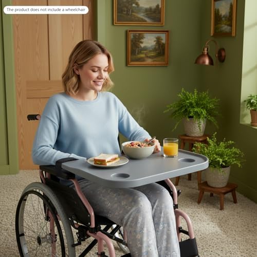 Wheelchair Tray Table with Cup Holder, Removable Wheelchair Lap Tray, Lightweight Portable Wheelchair Dinner Table Accessories for Eating, Reading, Resting, Fits Wheelchair Arms (Grey)