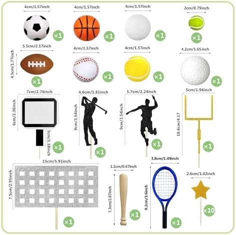25PCS Sports Cake Decorations Sports Ball Cake Toppers Soccer Football Baseball Basketball Tennis Golf for Baby Shower Sport Theme Birthday Party Supplies