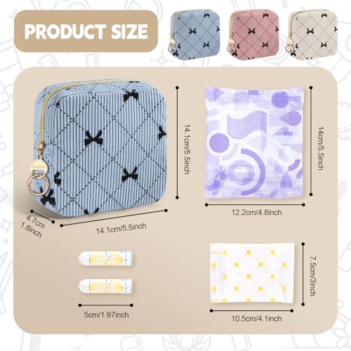 Period Bag for Teen Girls, Corduroy Cute Sanitary Napkin Storage Bag, Menstrual Pad Tampon Holder for Purse (Blue-Bow Tie)