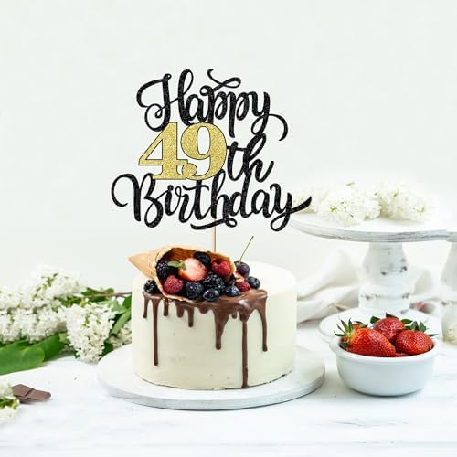 Happy 49th Birthday Cake Topper, Black Gold Glitter Birthday Cake Topper, 49th Anniversary/ 49th Birthday Party Decoration Supplies