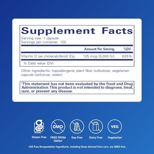 Pure Encapsulations Vitamin D3 125 mcg (5,000 IU) - Supplement to Support Bone, Joint, Breast, Heart, Colon, and Immune Health* - with Vitamin D - 120 Capsules