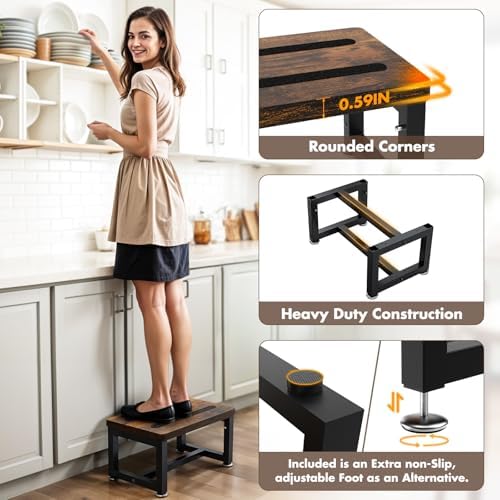 Step Stool, NomNest Height-Adjustable Wooden Step Ladder Metal Foot Stool Small Kitchen Stool Helper for Toddler Adults, Ladder Chair for Home Bedside Bathroom Sink Potty-Black