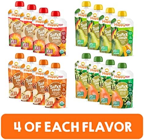 HAPPYTOT Organics Stage 4 Baby Food Pouches, Gluten Free, Vegan Snack, SuperFoods Fruit & Veggie Puree & Chia Variety Pack, 4.22 Ounce (Pack of 16), Amazon Exclusive