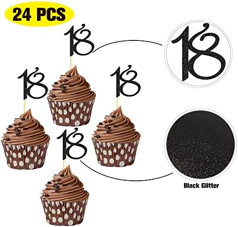 Sumerk 24PCS 18 Cupcake toppers Black Glitter 18th Birthday Cupcake Picks Anniversary Party Decorations