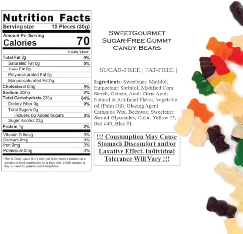 SweetGourmet Fruit Flavor Sugar-Free Gummy Bears, Chewy Candy, 1 Pound Bag