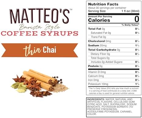 Matteo's Chai Syrup for Coffee, Lattes, Cappuccinos & Desserts – Sugar-Free Sweetener for Beverages, Keto Friendly, Zero Calories, Indulgent Flavor, Non-Alcoholic, Ideal for Hot Drinks 33.8oz (1pk)