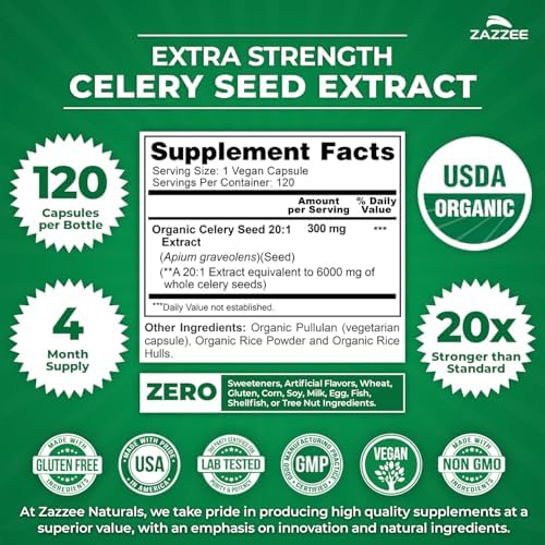 Zazzee USDA Organic Celery Seed 20:1 Extract, 120 Vegan Capsules, 4 Month Supply, Apium Graveolens, Antioxidant & Cellular Support, Organic Herbal Supplement, All-Natural, Non-GMO, Made in the USA