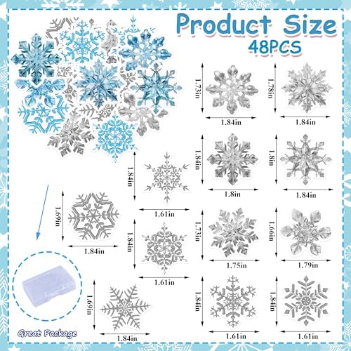 48PCS Edible Snowflake Cupcake Toppers Wafer Paper Snowflake Cupcake Toppers Edible Winter Snows Picks for Frozen Theme Party Decoration Supplies (Crystal Blue Silver)
