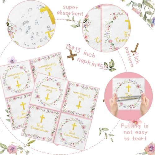 First Communion Napkins Decorations, 40Pcs Pink Communion Napkins God Bless Baptism Birthday Supplies Paper Napkins for Christening Celebration Baby Shower Communion Party Supplies