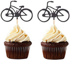 24 Black Glitter Bike Cupcake Toppers Cycling Sports Theme Decorations Boy Birthday Appetizer Picks