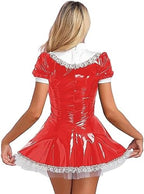Women's Wet Look PVC Leather French Maid Costume Outfits Mini Dress Apron Fancy Dress