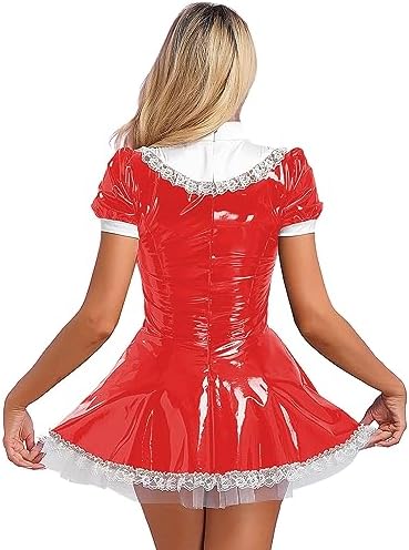 Women's Wet Look PVC Leather French Maid Costume Outfits Mini Dress Apron Fancy Dress
