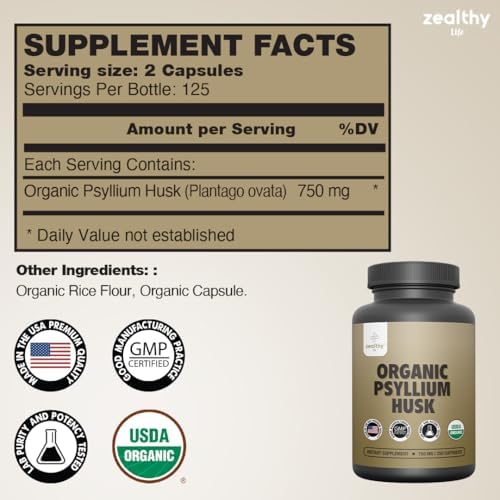Organic Psyllium Husk Capsules 750 mg, Natural Fiber Supplement for Gut Health* - Alternative to Psyllium Husk Powder, Zealthy Life, 250 Capsules