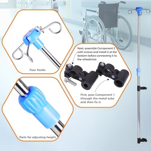 Wheelchair IV Pole Stainless Steel Infusion Stand – Adjustable Height Medical IV Drip Holder with 4 Hooks, Clamp-On Design for Wheelchairs and Hospital Beds
