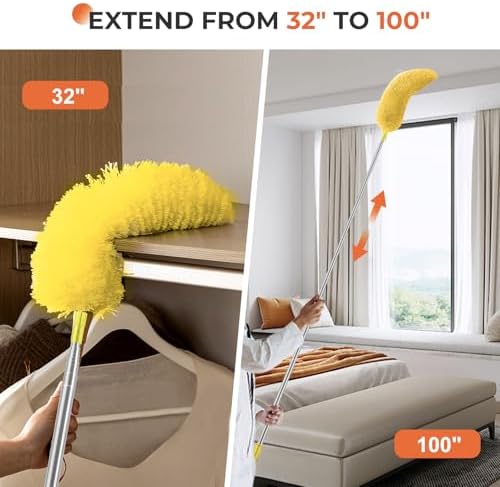 Dusters for Cleaning High Ceiling Fan, Newliton Microfiber Feather Duster with 30'' to 100'' Telescoping Extension Pole, Long Extendable Duster for Home Car Furniture Cobweb, Green