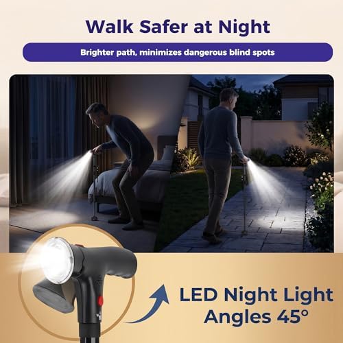 Walking Cane for Men & Women, 3-in-1 Folding Cane with Alarm and Light, Adjustable, Free Standing, Collapsible Walking Stick for Seniors Balance with a Second Handle