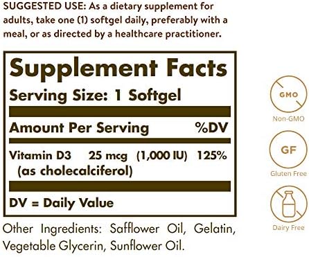 Solgar Vitamin D3 (Cholecalciferol) 25 MCG (1000 IU), 250 Softgels - Helps Maintain Healthy Bones & Teeth - Immune System Support - Non-GMO, Gluten-Free, Dairy Free - 250 Servings