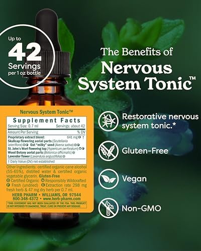 Herb Pharm Nervous System Tonic with St. John’s Wort, Organic Skullcap & Milky Oat | Liquid Extract for Calm, Emotional & Stress Support Supplement | Vegan, Non-GMO, Up to ~3 Week Supply, 1 oz*