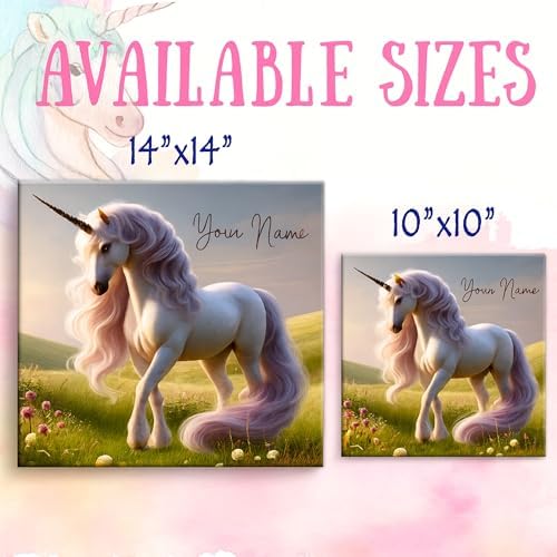 Customizable Unicorn Canvas Wall Art – 10"x10" Personalized Name Sign for Girls’ Room – Cute Majestic Unicorn with Pastel Flowers – Perfect Nursery Decor, Fairy Tale, Princess & Magical Theme Wall Art (10x10 inch)