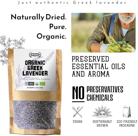 Apsogo Organic Greek Lavender Flowers - Dried Culinary Lavender Buds for Tea, Baking & Sachets - Organic Lavender Tea, Strong Aroma, Relaxation & DIY Use - Resealable Pouch 1.76 oz