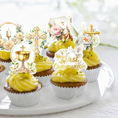 48 PCS Edible First Holy Communion Cupcake Toppers Wafer Paper Dove Cross God Bless and Baptism Cupcake Picks First Communion Theme Baby Shower Birthday Party Cake Decorations