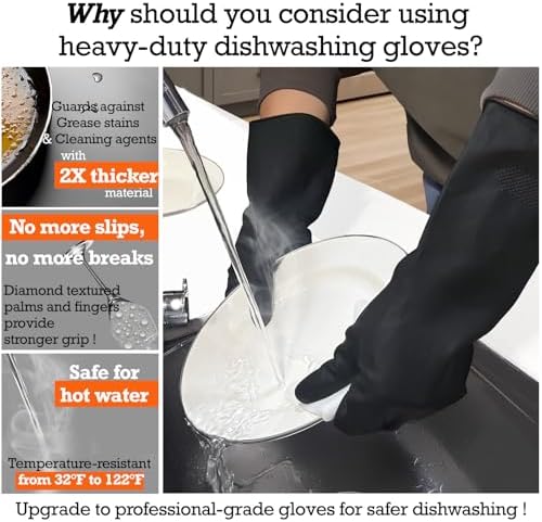 Thick Rubber Cleaning Gloves - 2 Pairs Black Rubber Gloves for Dishwashing Large, Non-Slip Kitchen Gloves for Washing Dishes, Reusable Cleaning Gloves, Waterproof, Heavy-Duty (2P,L)