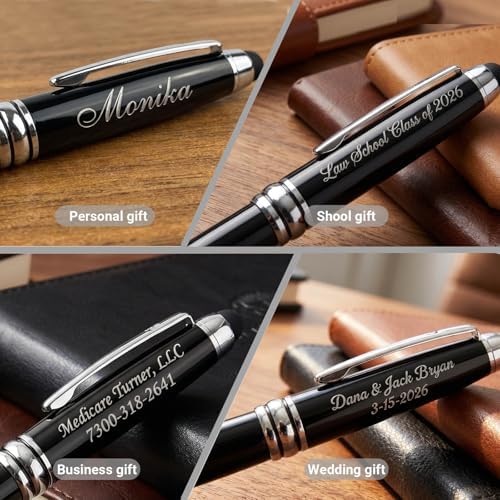 Ancolo Personalized Ballpoint Pens with Stylus - Engraved with Your Message Name/Phone Number Metal Body Black ink Gift for Bank, Office, Hotel Lobbies, Groomsmen Gift 10 Pens/Box