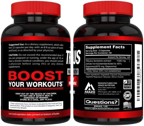 Arazo Nutrition Tribulus Terrestris 1500mg Extract Powder Per Serving – 180 Capsules - Energy Booster with Estrogen Blocker