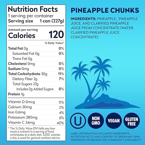 Dole Pineapple Chunks in 100% Pineapple Juice with No Sugar Added - Dole Canned Fruit - 8 oz Cans - 12 Pack