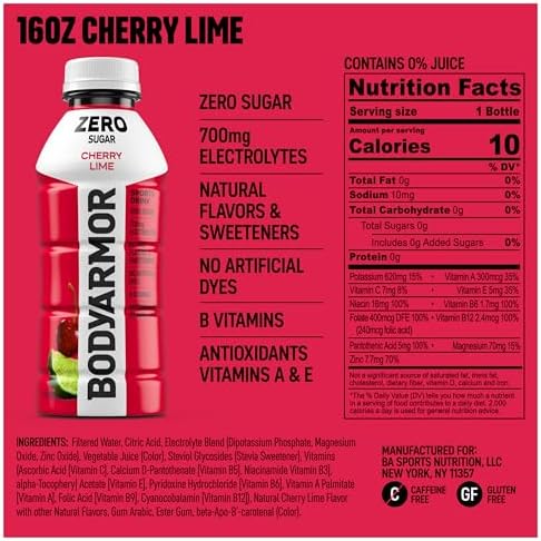 BODYARMOR ZERO Sugar Cherry Lime Electrolyte Drink, Natural Flavors, 16 Fl Oz Bottles (12 Pack), B Vitamins & Antioxidants Sugar Free Hydration