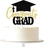 Glitter Congrats Grad Cake Topper, 2026 Graduation Party Decorations - High School College Congrats Grad Party Cake Decorations Supplies (black gold)