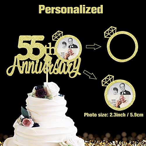 Sumerk 13 PCS Gold Glitter 55th Anniversary Cake Topper Happy 55th Anniversary Wedding Anniversary Cake Decorations
