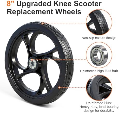 BlessReach 2PCS 8 Inch Walker Wheel, 5/16" (10 mm) Bearing Solid Replacement Wheels for,Knee scooter (8 Inch) (10mm)