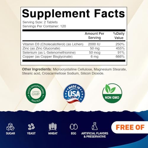 Vitamatic Copper Bisglycinate 6 mg Made with Vitamin D3 2000 IU, Zinc 50mg, Selenium 50mcg - 240 Tablets - Non-GMO & Gluten Free