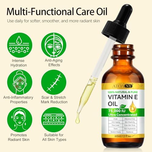 flasture Vitamin E Oil 75,000 IU – 100% Pure Natural Vitamin E for Skin, Face, Hair, Scars – Deep Moisturizing Body Oil for Dry Skin, Wrinkles – Cold-Pressed, Non-GMO,Skincare – 2 Fl Oz
