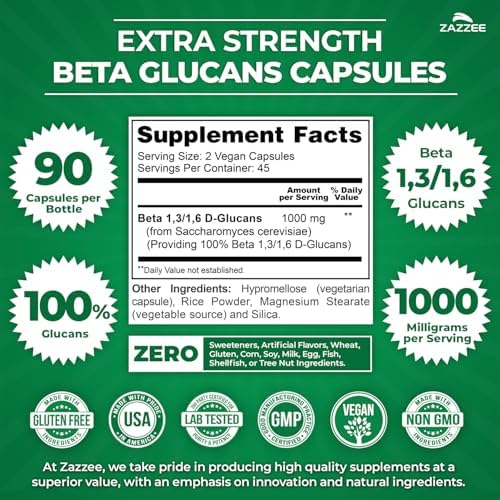 Zazzee Extra Strength 1,3/1,6 Beta Glucans, 1000 mg, 100% Concentrated, 90 Vegan Capsules, Supports a Healthy Immune System, 100% Vegetarian, All-Natural and Non-GMO