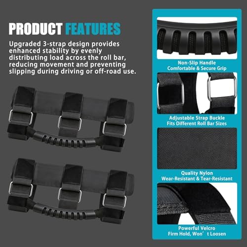 Grab Handles 2 Pack, Upgraded 3-Strap Roll Bar Grab Handles with Metal Buckles, Compatible with Jeep Wrangler CJ YJ TJ JK JKU JL JLU JT (1955–Present), Fit 2–4 Inch Roll Bars