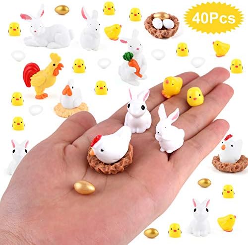 TUPARKA 40Pcs Animals Miniature Figurines, Easter Rabbit, Chicken, Egg, Chicken Nest Ornaments for Fairy Garden, Cake, Cupcake Toppers, Easter Party Decoration