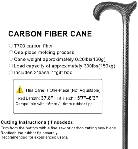 Carbon Fiber Walking Cane for Men & Women - Ultra-Lightweight & Durable Stylish Cane for Seniors & Adults, 37.8 Inch One-Piece Full Carbon Fiber Decorative Cane