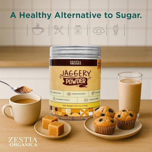 Jaggery Powder by Zestia Organica, 22.5 oz (715 g) 40% EXTRA – Unrefined Cane Sugar, Natural, Chemical Free, Substitute Alternative to Sugar, Vegan, Gluten Free | Product of India