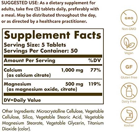 Solgar Calcium Magnesium Citrate, 250 Tablets - Supports Healthy Bones & Teeth - Musculoskeletal & Nervous System Support - Highly Absorbable - Non-GMO and Vegan - 50 Servings