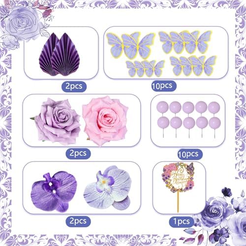 27 PCS Flower Cake Toppers Butterfly Cupcake Topper Happy Birthday Cake Decorations with Artificial Rose Flowers, Palm Leaves and Balls for Birthday Party Wedding Baby Shower Supplies(Pink Purple)
