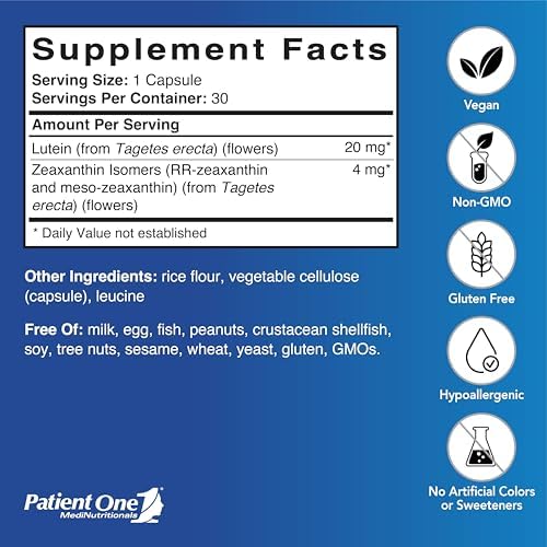 Patient One Meso-Z Vision | Supplement to Support Eye Health and Blue Light Filtering* | with Lutein, Zeaxanthin and Meso-Zeaxanthin | 30 Capsules