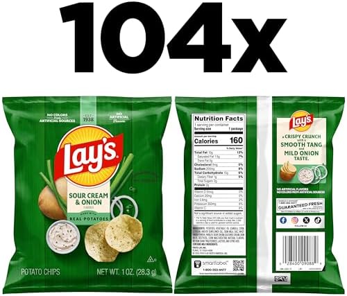 Lay's Potato Chips, Sour Cream & Onion, 1 Ounce (Pack of 104)