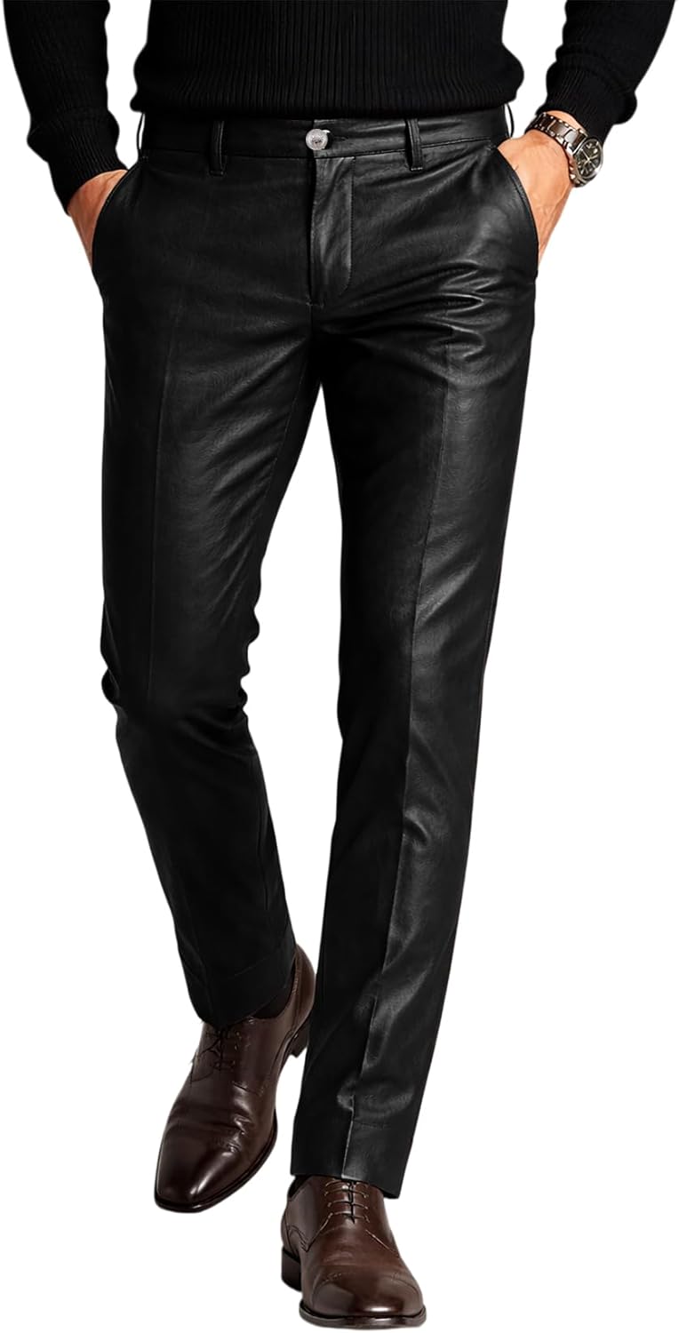 Mens Faux Leather Dress Pants Slim Fit Stretch Elastic Waist Leather Pants for Men Disco Motorcycle Style Trousers