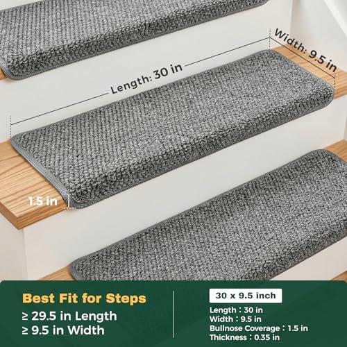 MBIGM Bullnose Non-Slip Stair Treads w/Reusable Adhesive 14 Pack 9.5" x 30" Wooden Steps Protection - TPU Backing with Steel Reinforcement - Anti-Slip Solution Knitted Dark Gray Non Slip Stair Tread