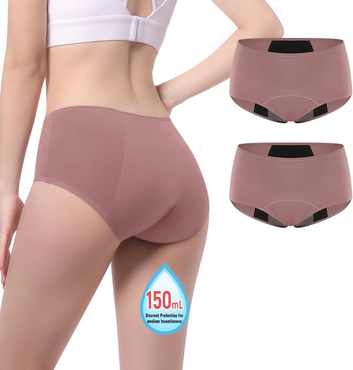 Carer Incontinence Underwear for Women 150ml High Absorbent Leak Proof Underwear for Women Washable Women's Incontinence Panties for Incontinence Postpartum Bladder Leak 2 Pack Dusty Rose M