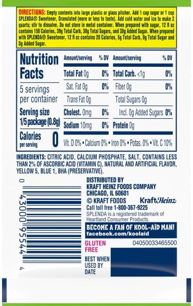 Kool-Aid Unsweetened Lemon Lime Artificially Flavored Powdered Soft Drink Mix, 0.13 oz Packet (Pack of 48)